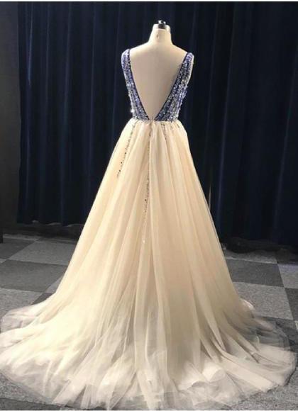 A line Tulle V Neck V Back Beads Blue Party Dresses Prom Dresses